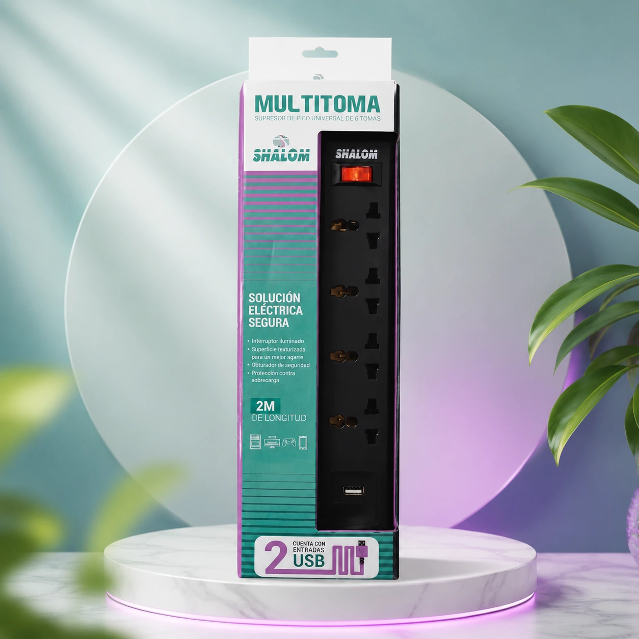SUPRESOR DE PICO 4 TOMAS 220V + 2 USB SHALOM