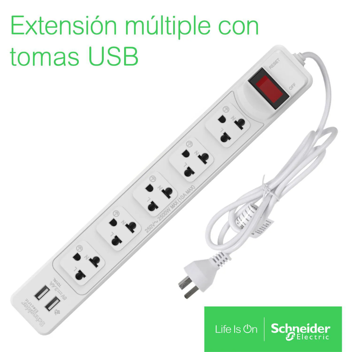 SUPRESOR DE PICO 4 TOMAS 220V + 2 USB SCHNEIDER